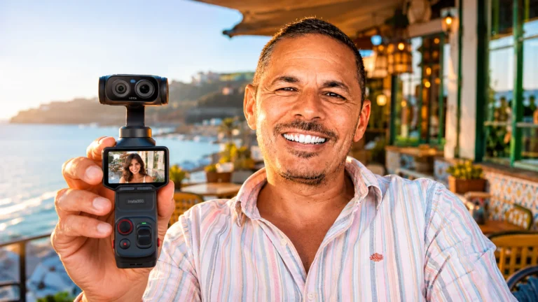 Xavier holding the Insta360 Luna ultra for a test in a café on the terrace with a view of the sea.